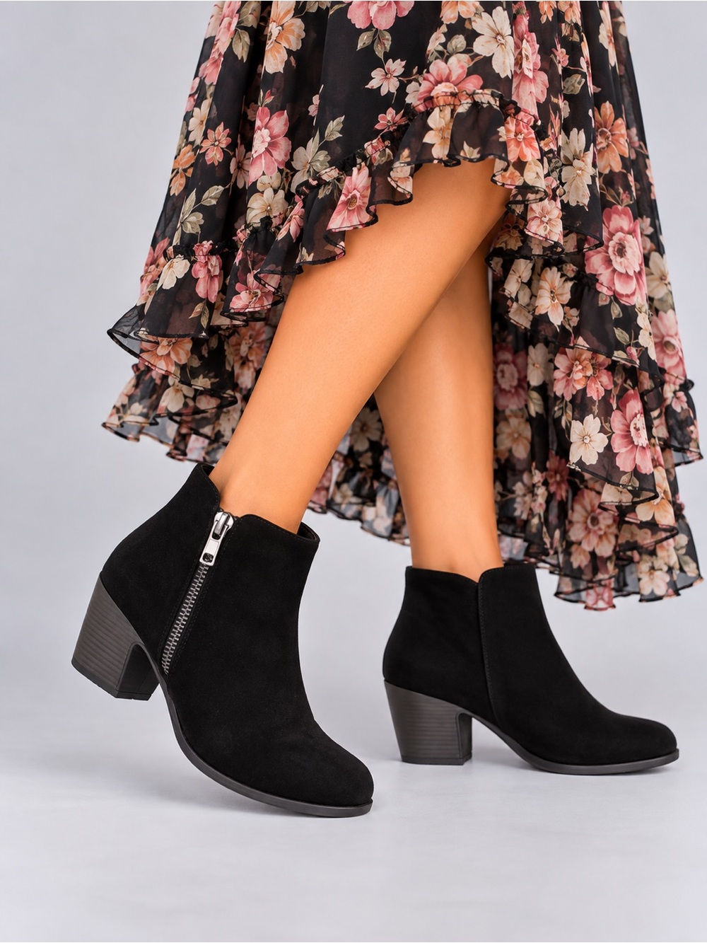 Ladies Nicole Black Suede Ankle Booties with Side Zip and Block Heel
